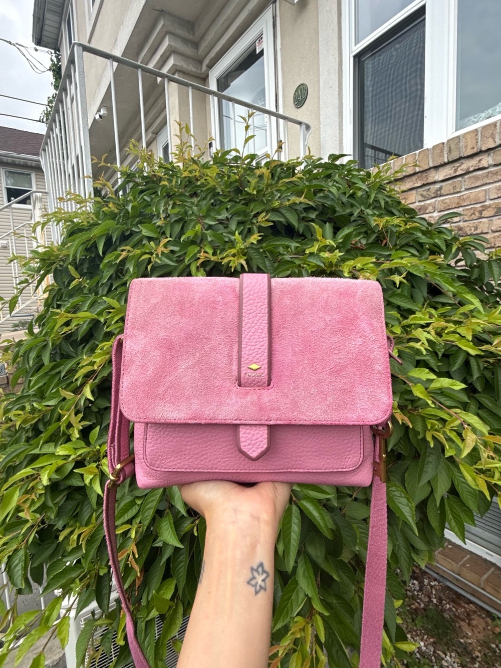Fossil Kinley Pink Leather Suede Crossbody Bag Boho Coquette Flap Purse